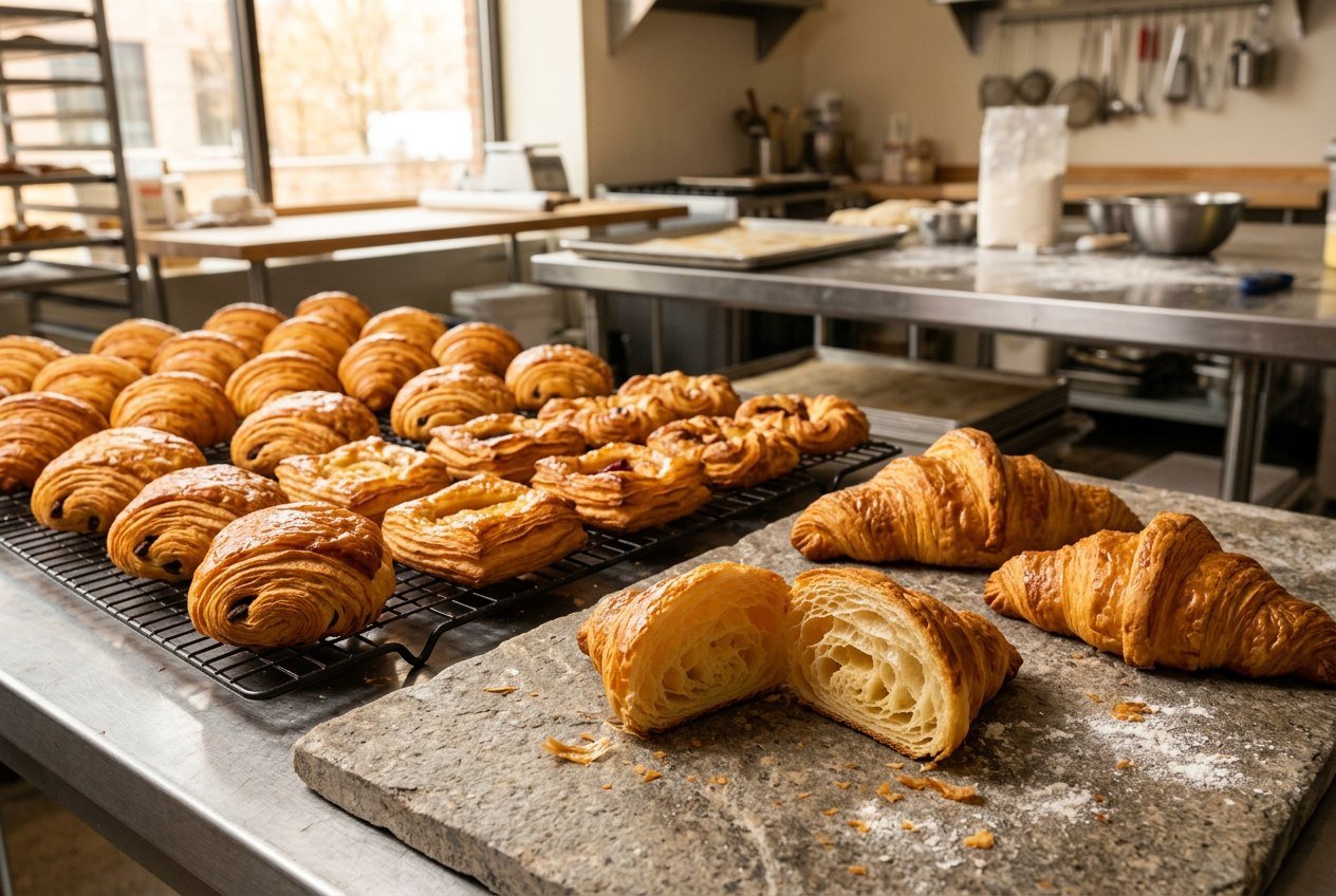 Croissants and puff pastry produced with pastry and laminating margarine